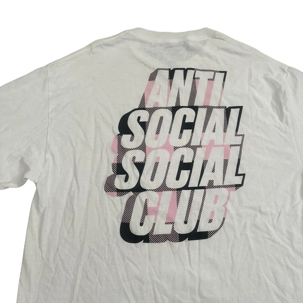 Anti Social Social Club T-shirt Mens Size XL White Short Sleeve Pink Plaid - Picture 2 of 9